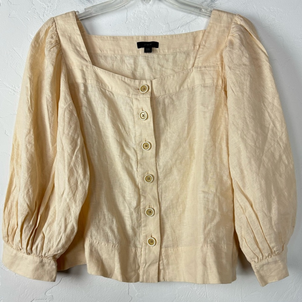 J Crew Popover Blouse Top Shirt Solid‎ Pale Peach Tan Beige Linen Button Front
